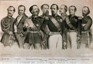 意大利法律和自由的捍卫者：从左到右，曼弗雷多-范蒂将军（1806-1855），卡富尔伯爵卡米洛-本索（1810-1861），撒丁岛国王维托里奥-伊曼纽尔二世（维克多-伊曼纽尔）（维克多-伊曼纽尔），恩里克-西亚尔迪尼将军（1811-1892），E 作者 意大利学校