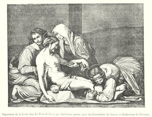 被称为 La Pieta di Luco 的十字架的沉积，由 Del Sarte，由 Lucco 为 Camaldolese 绘制，佛罗伦萨收藏（雕刻） 作者 意大利学校