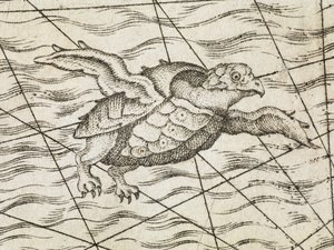 北欧地图上的飞龟细节，出自《Septentrionalium Regionum Suetiae, Gothiae, Norvegiae, Daniae et terrarum adjacentium recens exactaque descriptio》。M. Tramezini formis 作者 意大利学校