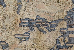 地中海细部，选自 Mauro Frau 1459 年绘制的 Add.11267 "Large Planisphere, or Mappa Mondo"，1459 年，毛罗-弗劳（Mauro Frau）作品 作者 意大利学校