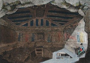 发现伊特鲁里亚人的墓穴"。插图来自弗朗西斯科-英吉拉米（1772-1846）的《伊特鲁里亚之墓》，在菲耶索莱出版。 作者 意大利学校