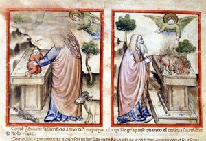 Episode of the sacrifice of Isaac by Abraham. Miniature from codex 212 (or padovano codice or Bible of Padua) 1390-1400 Rovigo, Accademia dei Concordi 作者 意大利学校