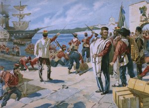 在朱塞佩·加里波第领导下的千人探险队，1860年在西西里岛的马沙拉登陆，一张关于Risorgimento历史专辑的插图，用于制作巧克力Talmone，已故 作者 意大利学校