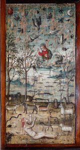 上帝创造了亚当、动物、土地、天空和水 木画装饰了布拉曼特古代圣器收藏室的橱柜面板（布拉曼特圣器收藏室的绘画） Basilica di Santa Maria delle Grazie，米兰，意大利 作者 意大利学校