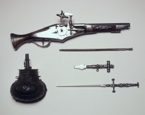 武器组：Wheellock手枪，绕组钥匙，粉末烧瓶和细高跟 作者 意大利学校