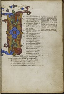 哈雷 2769，f.3 奥维德《变形记》开头的首字母装饰 "I"(n)，约 1400 年（牛皮纸上的墨水和彩色图案） 作者 意大利学校