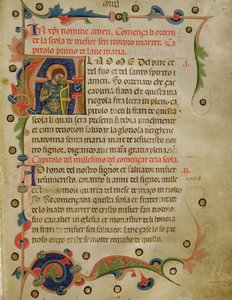 历史上最初的&39;A&39;显示St. Theodore，来自Mariegola，1350（在牛皮纸上的墨水） 作者 意大利学校