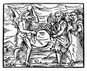向魔鬼致敬，来自Compendium Maleticarum的插图复制品，由Fr M Guaccius，米兰1608年，用于“魔法史”，出版于19世纪末期 作者 意大利学校