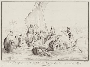 I Veneti riparano nelle isolette della laguna per la irruzione di Attila, 452 (engraving) 作者 意大利学校