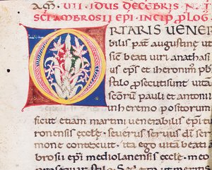 Vita Sancti Ambrosii与米兰的Paulinus的切工反面的第一个字母“ O”，可能来自托斯卡纳，约1150-75年（牛皮纸上的墨水） 作者 意大利学校