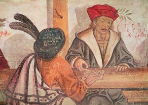 旅馆的内部，两个男人玩棋盘游戏的细节（壁画） 作者 意大利学校