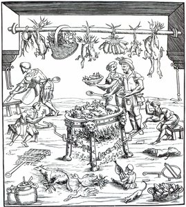 意大利厨房的内部，在Banchetti composi di Vivende木刻后由Christoforo di Messisburgo出版，1549年出版 作者 意大利学校