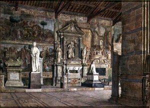 比萨的Campo Santo内部，约1845年（纸上水彩）。 作者 意大利学校