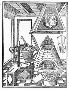 冶金车间的内部视图 雕刻自“Voarchadumia contra alchimiam ars distincta ab archimia et sophia..” 作者 Giovanni Agostino Pantheo (1517-1535) 作者 意大利学校