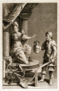正义拒绝前来出示被判处死刑的人的头颅的刽子手“Dei delitti e delle pene”（Des delitti e delle pene）的假头衔（false title），处理法学家、信件和哲学家切萨雷的刑法 贝卡里亚。 (1 作者 意大利学校