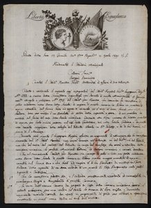 Letter in Italian, with a depiction of the head of Brutus the younger, a burning hand representing Gaius Mucius Scaevola, and the motto of the French Revolution 作者 意大利学校