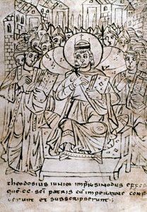 Lombard Art: “” Emperor Theodosius II (401-450), grandson of Theodosius I, at the Council of Ephesus on 22/06/431, condemning nestorianism (of the Patriarch Nestorius or Nestorios)”” Drawing with pen on parchment draws from a treaty of canonical rights. 9t 作者 意大利学校