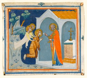 MS McClean folio 201.4 r St. Mary Magdalene，在艾克斯周围的荒野中，被天使带到圣马克西姆，他管理着她的最后一次圣餐，c.1330 作者 意大利学校