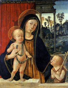 麦当娜和儿童与年轻的施洗约翰，c.1500（白杨树上的蛋彩画） 作者 意大利学校