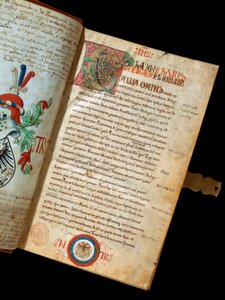 朱尔斯-凯撒（Giulio Cesare或Caius Julius Caesar）（公元前100-44年）的手稿 "De Bello Gallico, Comments on the War of the Gauls"（ms. 541），手稿所有者人文主义者Niccolo Tranchedini的标记。14世纪那不勒斯Riccardiana图书馆 作者 意大利学校