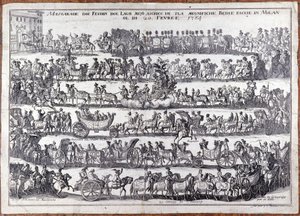 化装舞会：在狂欢节之际，人们戴着面具游行和跳舞。 米兰 20/02/1764 18 世纪的雕刻 作者 意大利学校