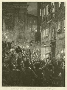 米兰的马志尼，来自 Albergo Della Bella Venezia 阳台的海斯人（版画） 作者 意大利学校