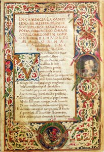Ms.392 fol.1 赞美劳拉之歌，选自彼特拉克的《Sonetti, Canzoni e Triomphi》。 作者 意大利学校