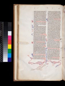 164号文件。Peter Lombar, Sententiae, f.15v. 底部的钢笔画装饰发展成鸟/龙的混合体。 作者 意大利学校