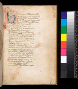 Ms 315. Horace, Ars Poetica and Epistulae, f.1r. Decorated initial [N] in blue and red diapered infill and surrounding penwork in red 作者 意大利学校