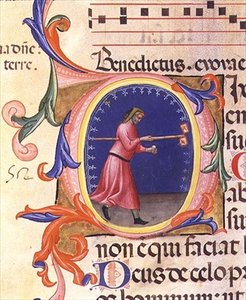 Ms 559 f.113v 历史性的首字母 "O"，描绘了圣约瑟夫手持带有两面鸽子装饰的旗帜的棒子，出自Santa Maria Novella的诗篇，由Paolo Soldini（fl.1342-86）1379（牛皮纸）绘制。 作者 意大利学校