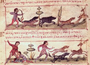 Grec 479 Deer Hunting女士，Oppian的Cynegetica插图（牛皮纸上的蛋彩画） 作者 意大利学校