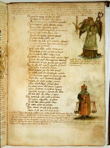 Ital 483 号女士 P.4.7 f.157r 处女座和天秤座，选自 Fazio degli Uberti 的《Dittamondo》（牛皮纸）。 作者 意大利学校
