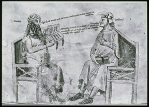 Lat 6823女士fol.2 Averroes（1126-98）与斑岩对话（c.232-c.305）（笔和墨水在纸上洗） 作者 意大利学校