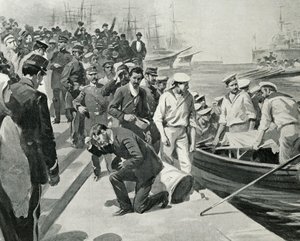 俄国战列舰波特金号在罗马尼亚康斯坦察港登陆时发生叛变，《意大利画报》插图，1905 年 7 月 23 日。 作者 意大利学校