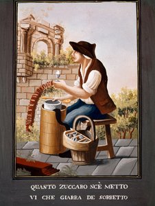 那不勒斯人的小计量器：卖冰糕的--（旧行业：卖冰糕的）19世纪的水彩画--那不勒斯国立圣马蒂诺博物馆 作者 意大利学校