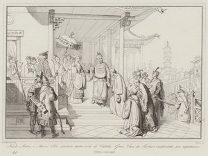 Nicolo Matteo 和 Marco Polo 离开 Cubilai Gran Can de Western Tartars 的宫廷回国 作者 意大利学校