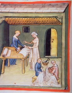 Nova 2644 fol.105v The Tailors Shop：亚麻衣服，来自Tacuinum Sanitatis 作者 意大利学校