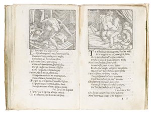 彼得·阿雷蒂诺（Pietro Aretino）的《索内蒂·卢苏里奥西》（Sonetti Lussuriosi）的页面，由朱利奥·罗马诺（Giulio Romano）插图和马尔坎通尼奥·雷蒙迪（Marcantonio Raimondi）刻制，于约1527年出版，威尼斯 作者 意大利学校