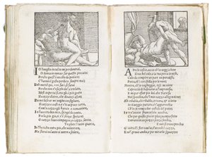 彼得·阿雷蒂诺（Pietro Aretino）的《索内蒂·卢苏里奥西》（Sonetti Lussuriosi）的页面，由朱利奥·罗马诺（Giulio Romano）插图和马尔坎通尼奥·雷蒙迪（Marcantonio Raimondi）刻制，于约1527年出版，威尼斯 作者 意大利学校