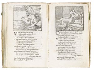 彼得·阿雷蒂诺（Pietro Aretino）的《索内蒂·卢苏里奥西》（Sonetti Lussuriosi）的页面，由朱利奥·罗马诺（Giulio Romano）插图和马尔坎通尼奥·莱蒙迪（Marcantonio Raimondi）刻版，于1527年在威尼斯出版（印刷和木刻） 作者 意大利学校