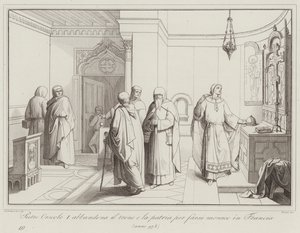 Pietro Orseolo I abbandona il trono e la patria per farsi monaco in Francia, 978 (engraving) 作者 Italian School