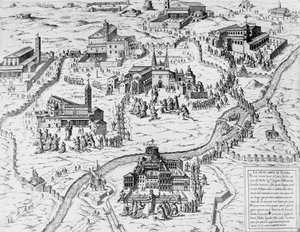 1575 年圣年期间参观罗马七座教堂的朝圣者，雕刻，意大利 作者 意大利学校