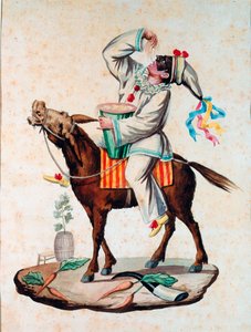 Pulcinella (Polichinelle) 喜剧喜剧的角色，在 19 世纪的匿名水彩驴上吃通心粉。 罗马国家面食博物馆，Agnesi 基金会 作者 意大利学校