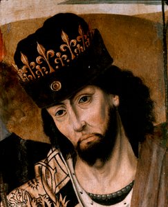 安茹的罗伯特一世（1278-1343 年）西西里国王和格尔夫党领袖的形象 详情。那不勒斯画派绘画。15 世纪末。那不勒斯，卡波迪蒙特国家博物馆 作者 意大利学校
