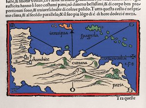 Representation of the Caribbean Islands and the coasts of Venezuela. Isolario (map of islands) by Benedetto Bordone. Venice 1547 作者 意大利学校