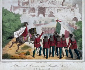 Risorgimento, Roman Republic (Repubblica romana)：朱塞佩·加里波第 (Giuseppe Garibaldi) 军队的士兵于 1849 年 3 月 6 日在马背上试图夺回位于罗马的 Quattro Venti 别墅。 光刻 罗马复兴国家博物馆 作者 意大利学校