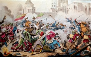 Risorgimento：1860 年 5 月 26 日巴勒莫的战斗。千人远征（红衫军）。 朱塞佩·加里波第（1807-1882）在巴勒莫和人民之间起义与他一起与那不勒斯波旁王国的士兵作战。 19 世纪的雕刻 作者 意大利学校