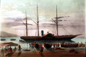 Risorgimento：1860 年 8 月 8 日，朱塞佩·米索里 (Giuseppe Missori)，朱塞佩·加里波第 (Giuseppe Garibaldi，1807-1882 年) 军队的军官，在墨西拿底特律出发，前往圣乔瓦尼别墅 (Fort of Villa San Giovanni)。 19 世纪的插图 作者 意大利学校