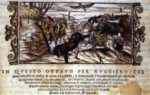 Ruggiero成功逃离了Alcina岛，后来从兽人手中救出了当归-Ludovico Ariosto的侠义诗“ Orlando Furioso”场景 作者 意大利学校