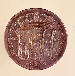 来自那不勒斯的银质piastra：西班牙卡洛三世（查理三世）统治时期（1716-1788）。1750.直径4厘米 那不勒斯，考古博物馆 作者 意大利学校